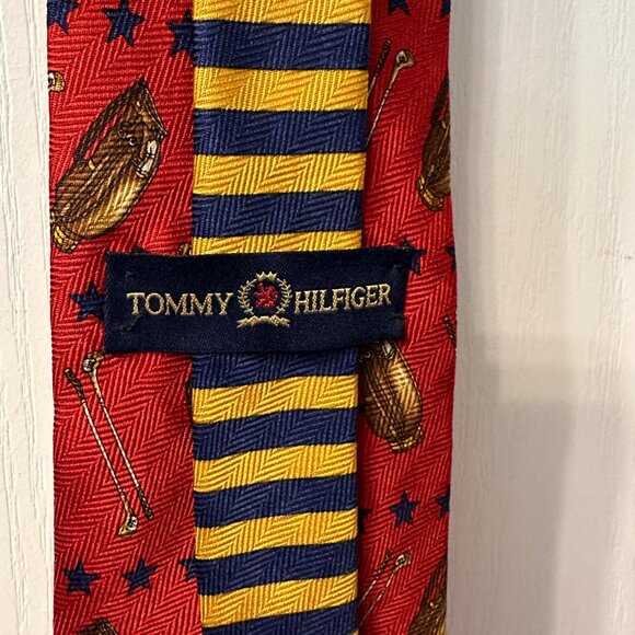 Tommy Hilfiger | VTG Red Men's Tie 100% Imported Silk Golf Italy Made USA Stripe - Picture 7 of 11